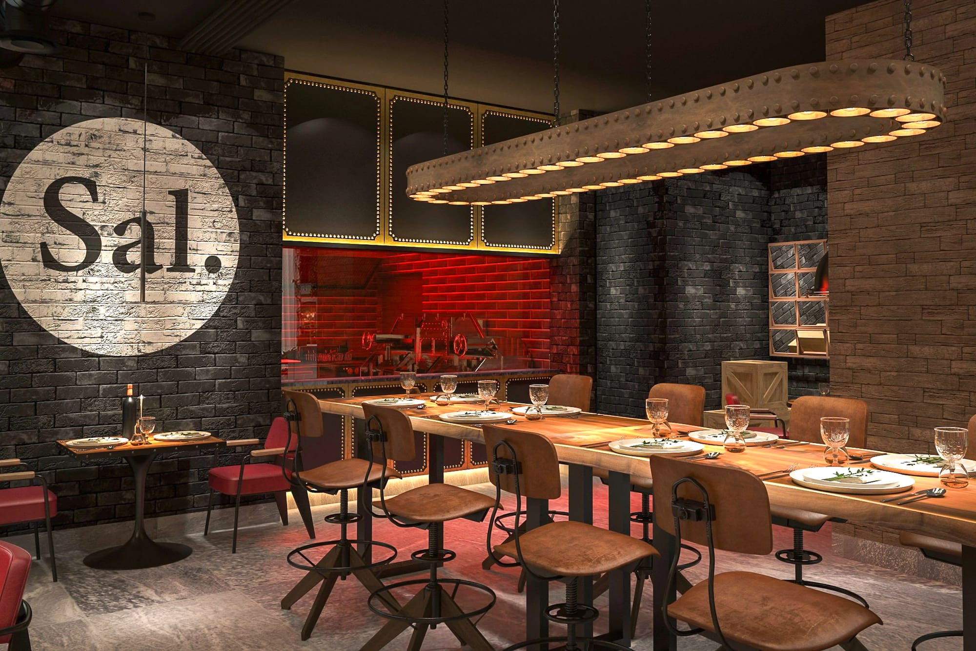 a restaurant with a long table and chairs