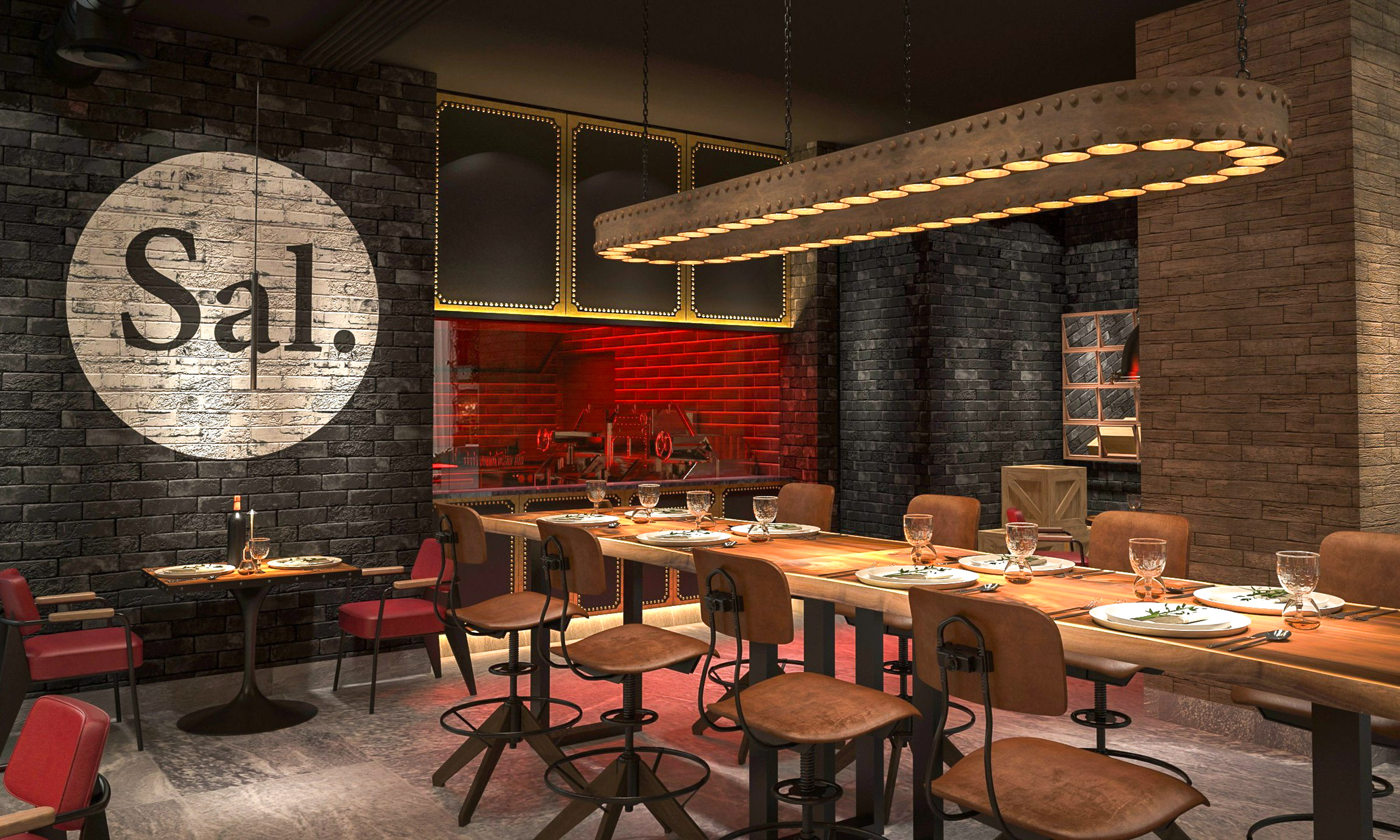 a restaurant with a long table and chairs