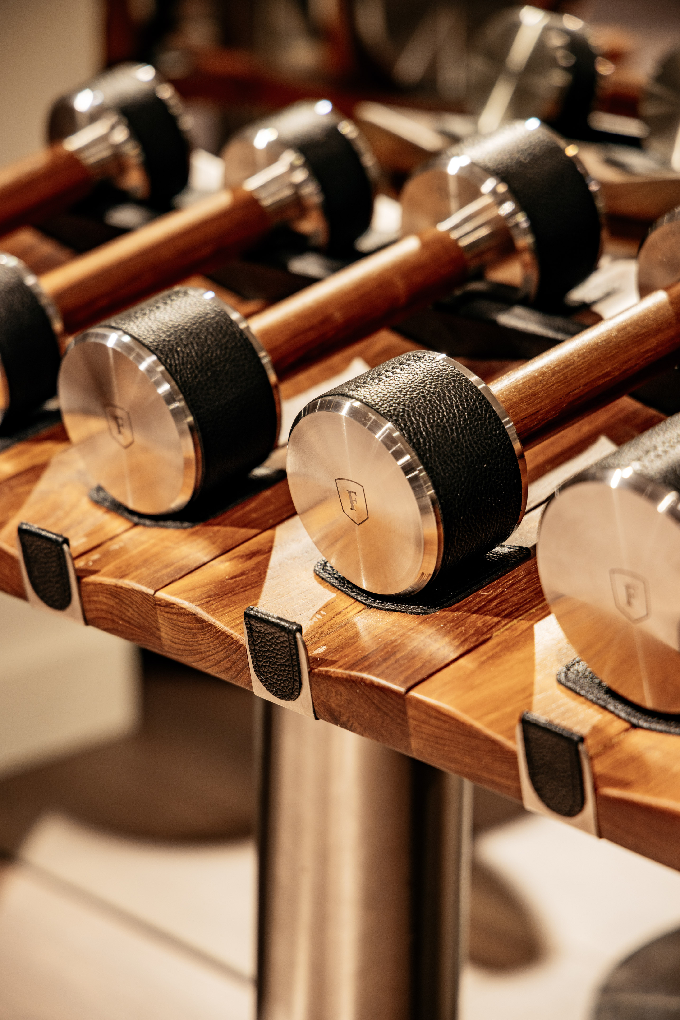 Premium wooden dumbbells with black leather and metal ends on a display rack.