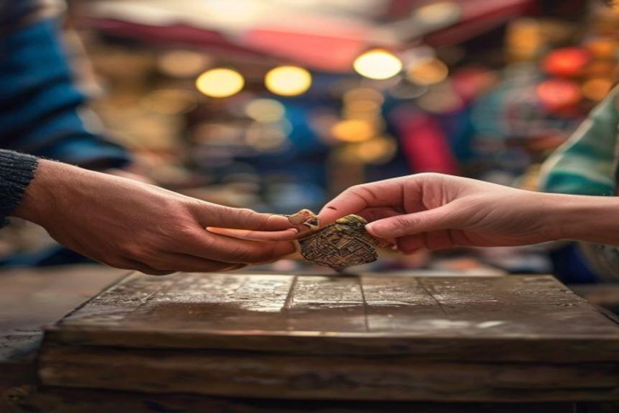 Hands transacting a small, ornate item at a bustling market stall.
