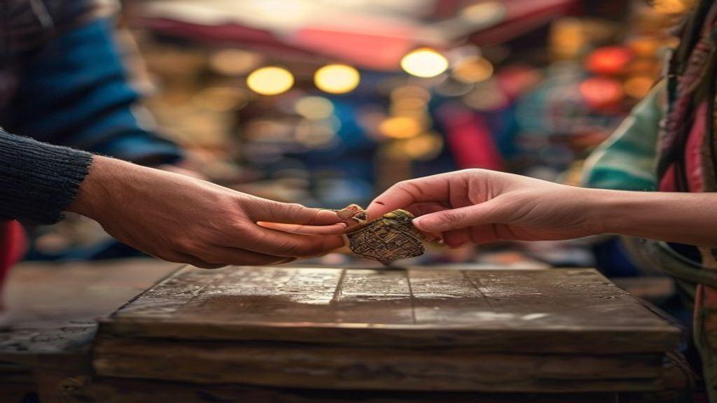 Hands transacting a small, ornate item at a bustling market stall.