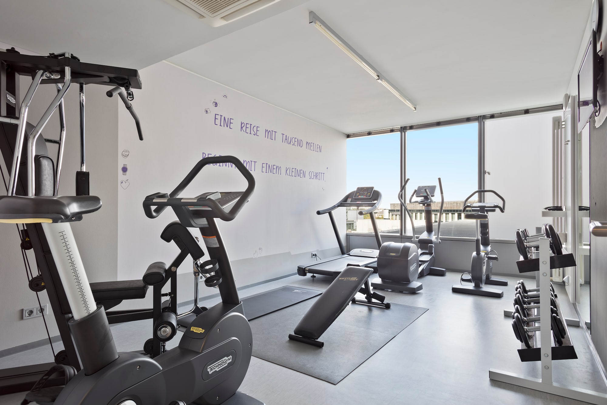 Modern gym with treadmill, exercise bike, weights, and large windows.