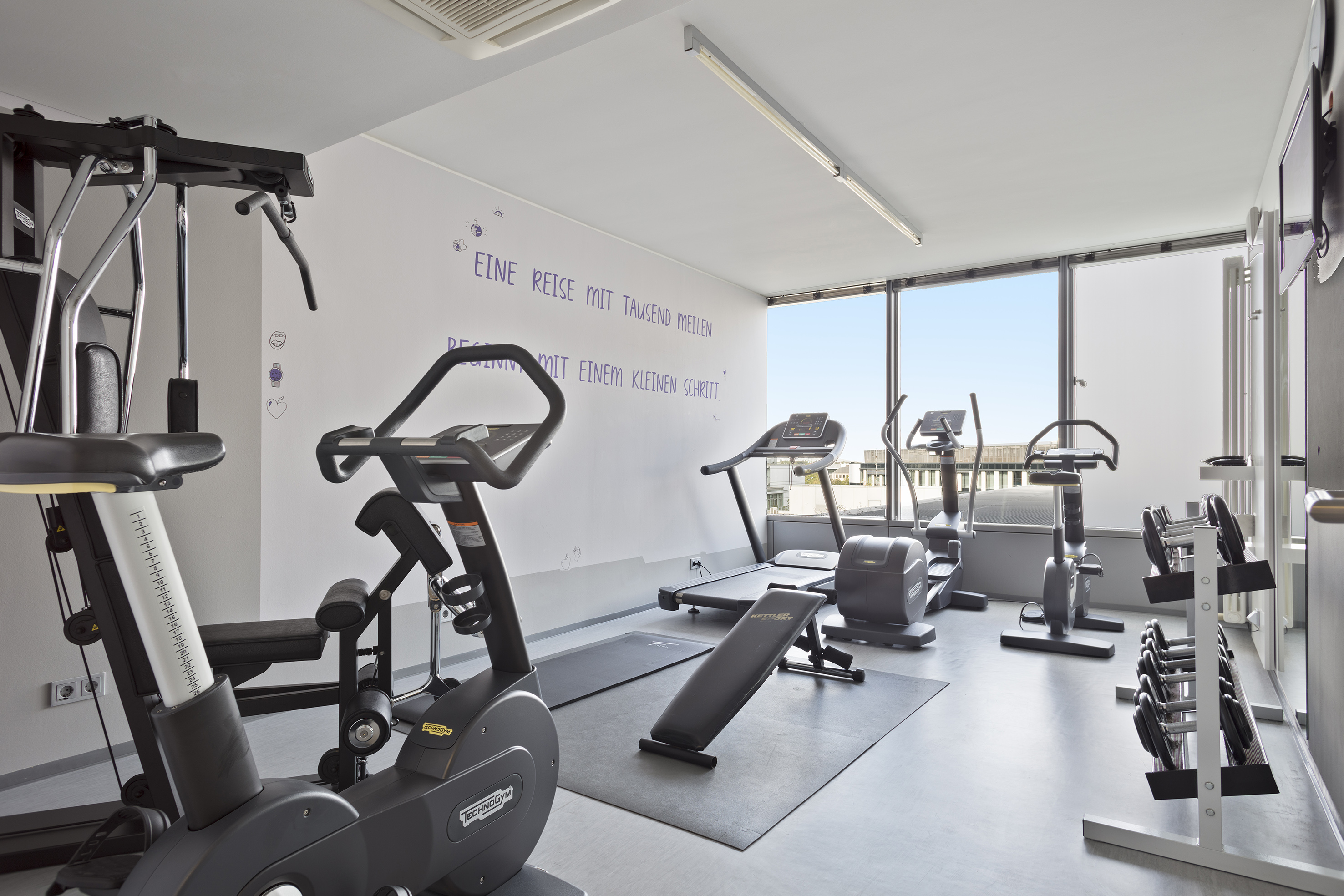 Modern gym with treadmill, exercise bike, weights, and large windows.