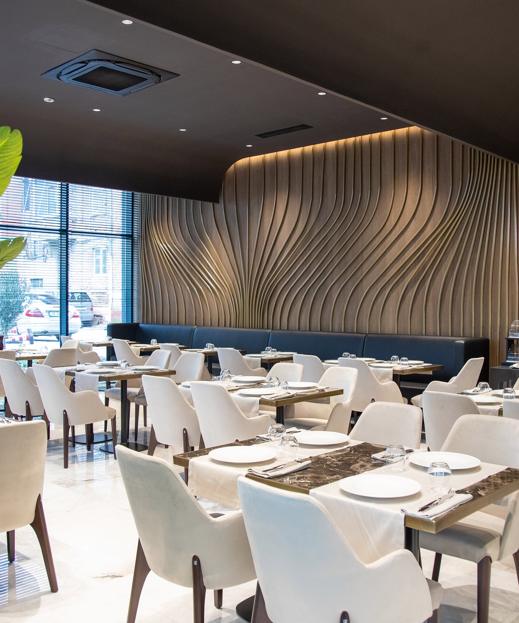 a room with tables and chairs