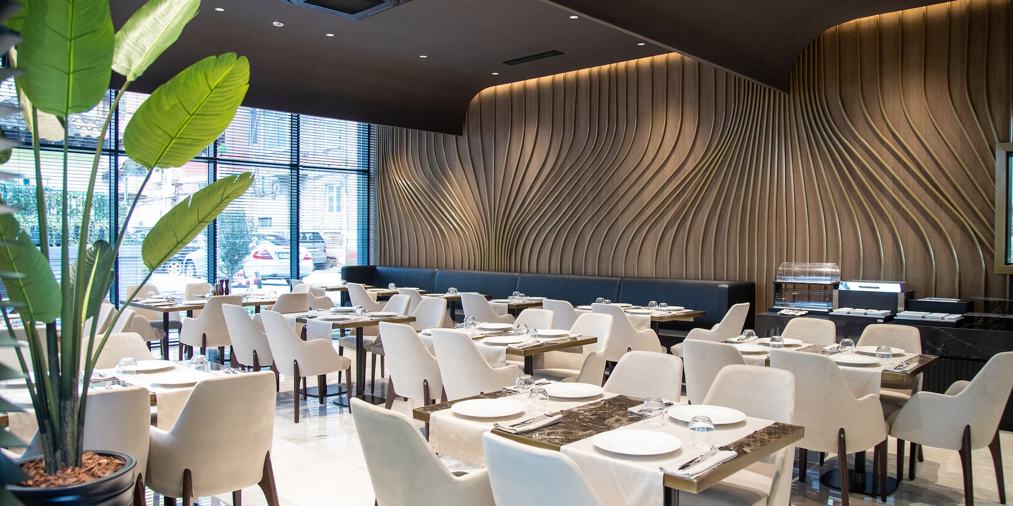 a room with tables and chairs