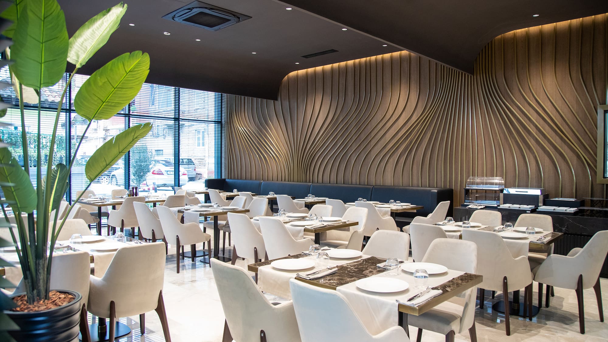 a room with tables and chairs