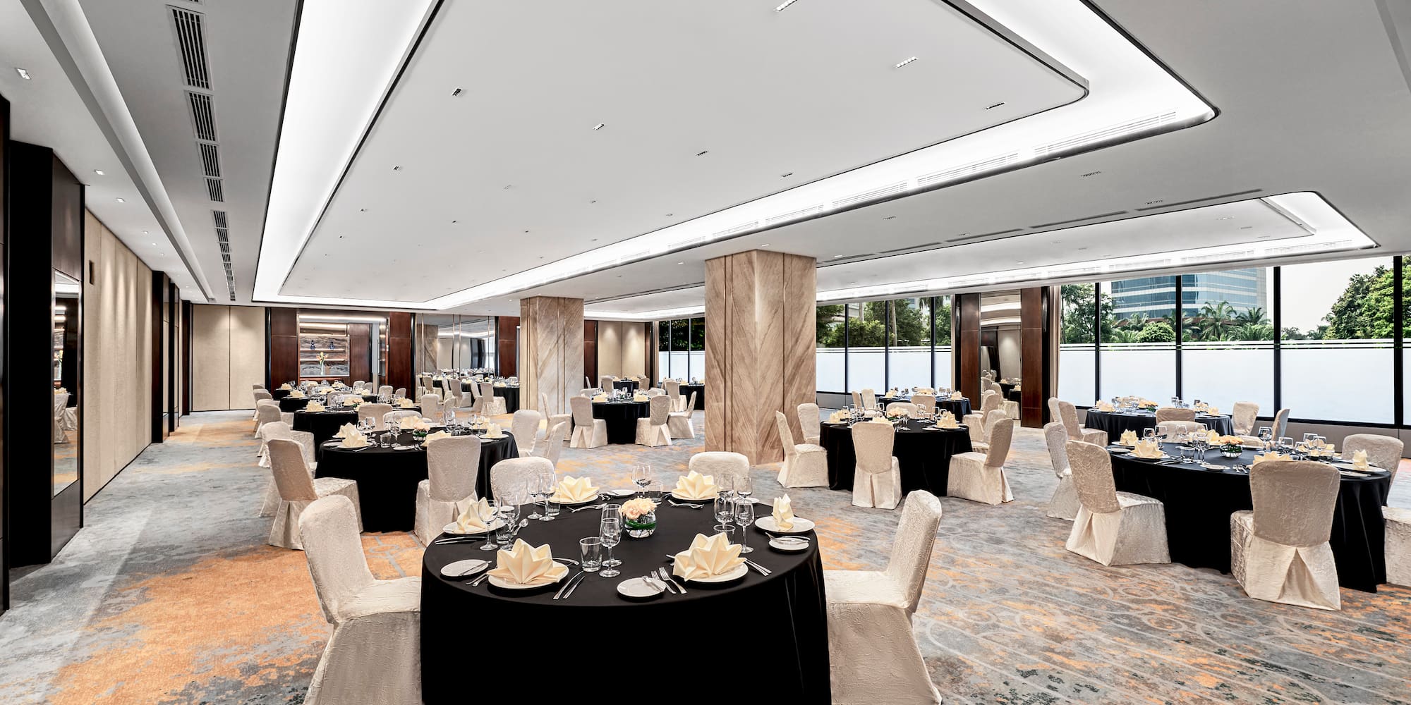 a room with tables and chairs