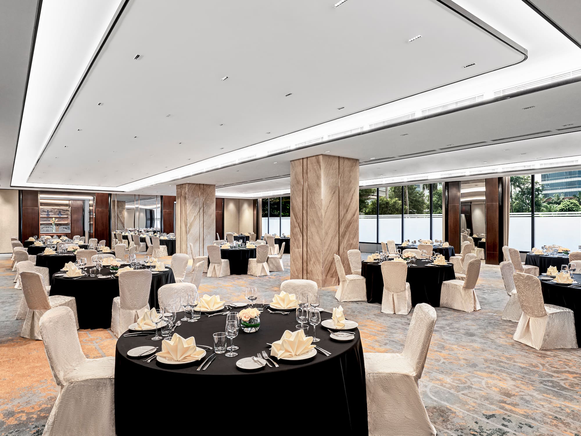 a room with tables and chairs