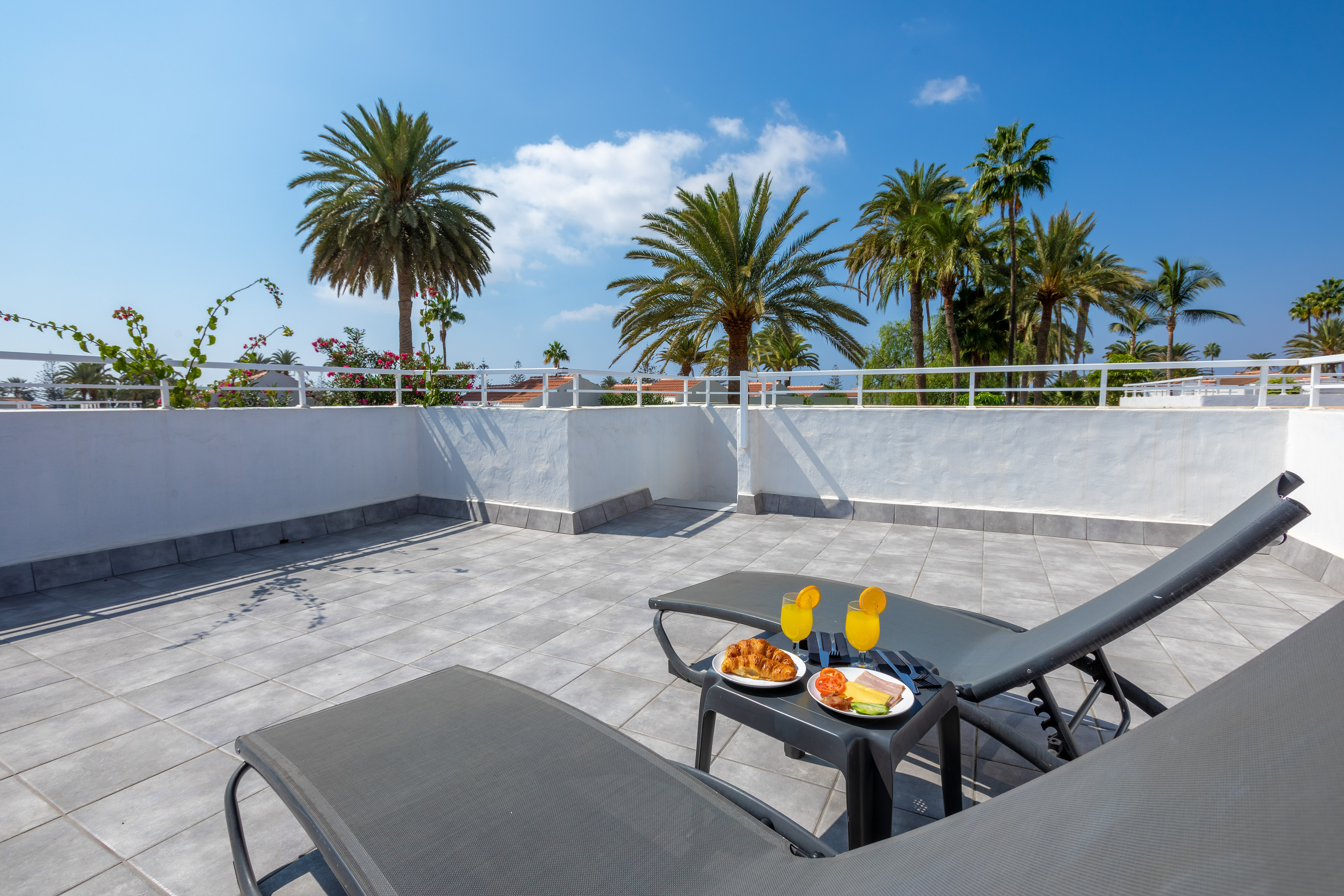 Sunny rooftop terrace with sun loungers, breakfast, and palm trees.