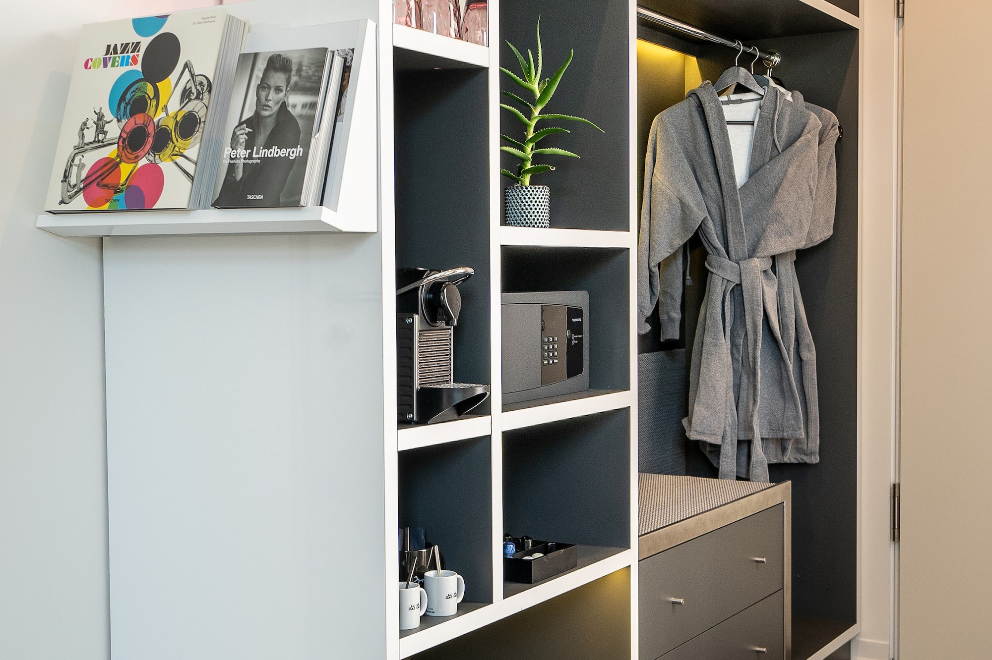 a closet with shelves and a robe