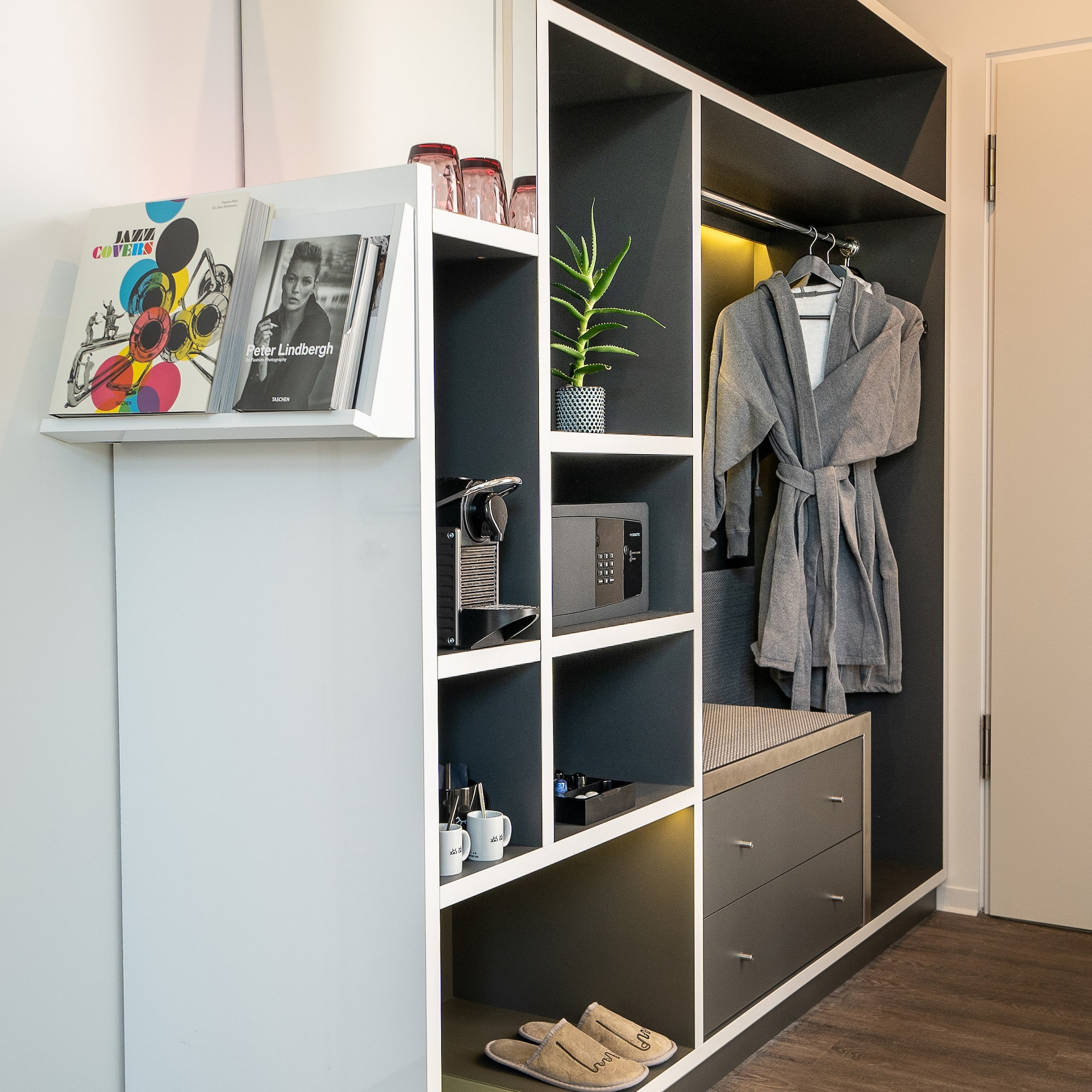 a closet with shelves and a robe