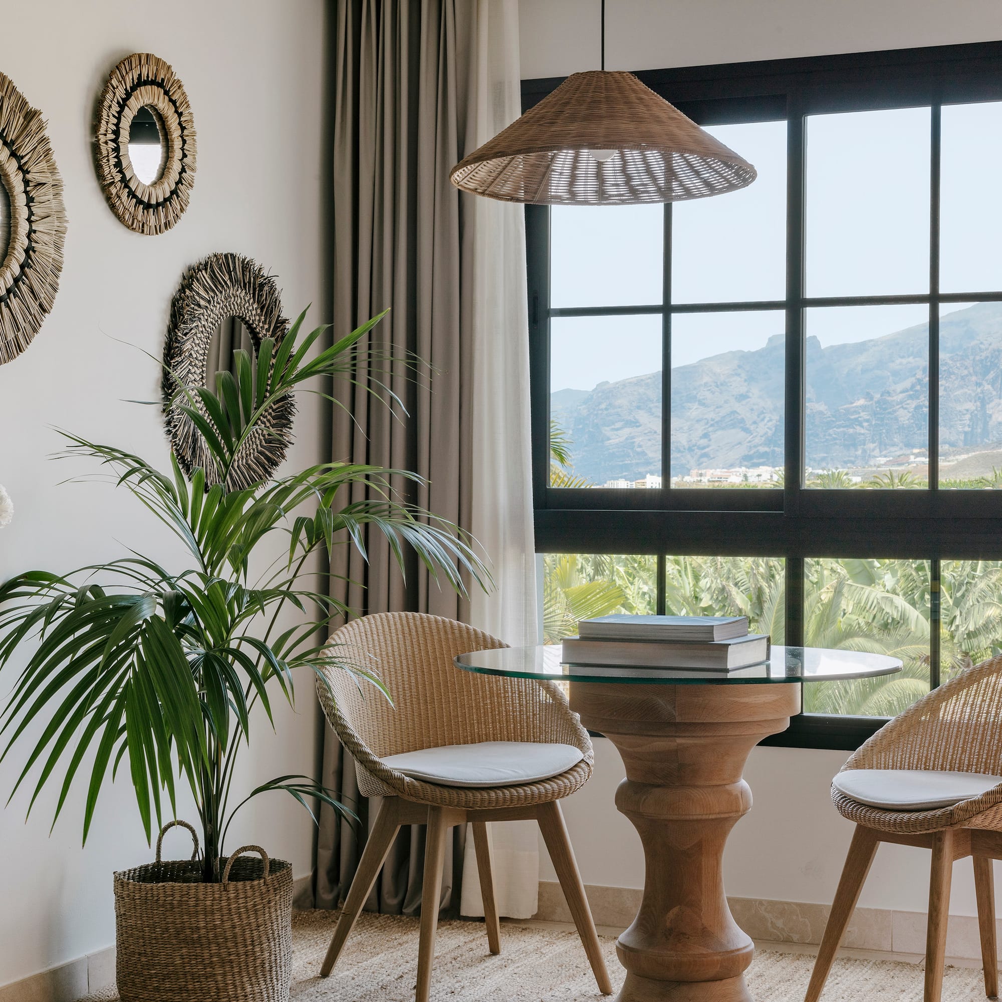 a room with a table and chairs