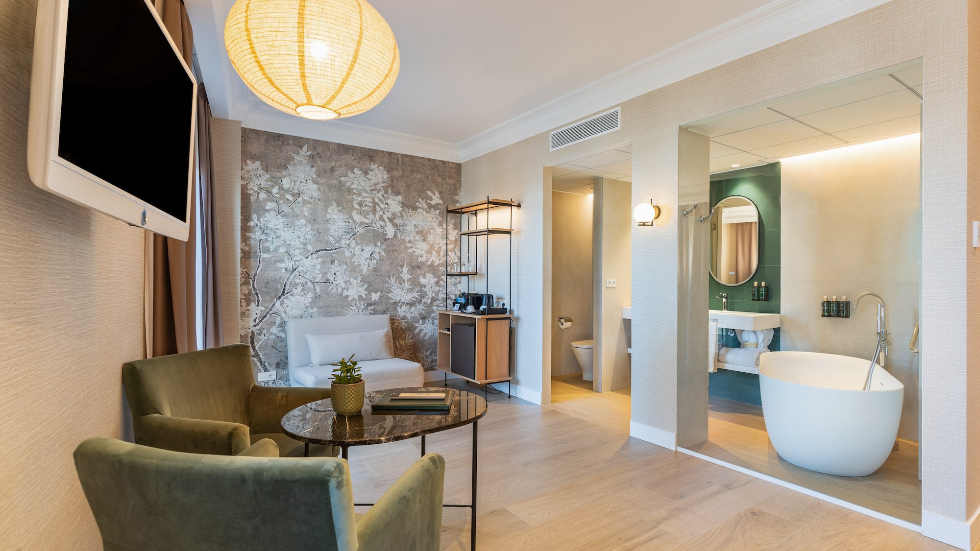 a room with a tub and a tub and a chair