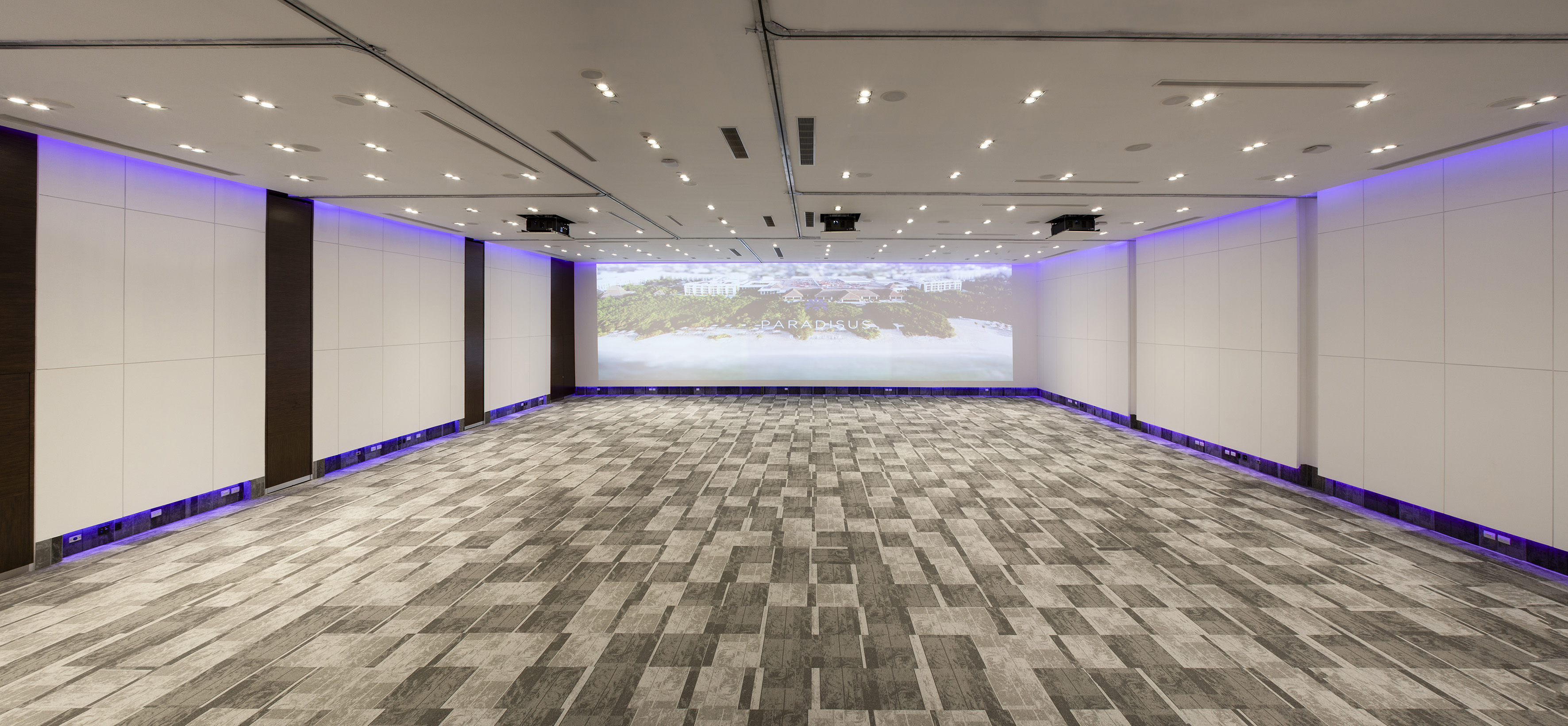 Modern hotel meeting room with large projector screen and purple ambient lighting.