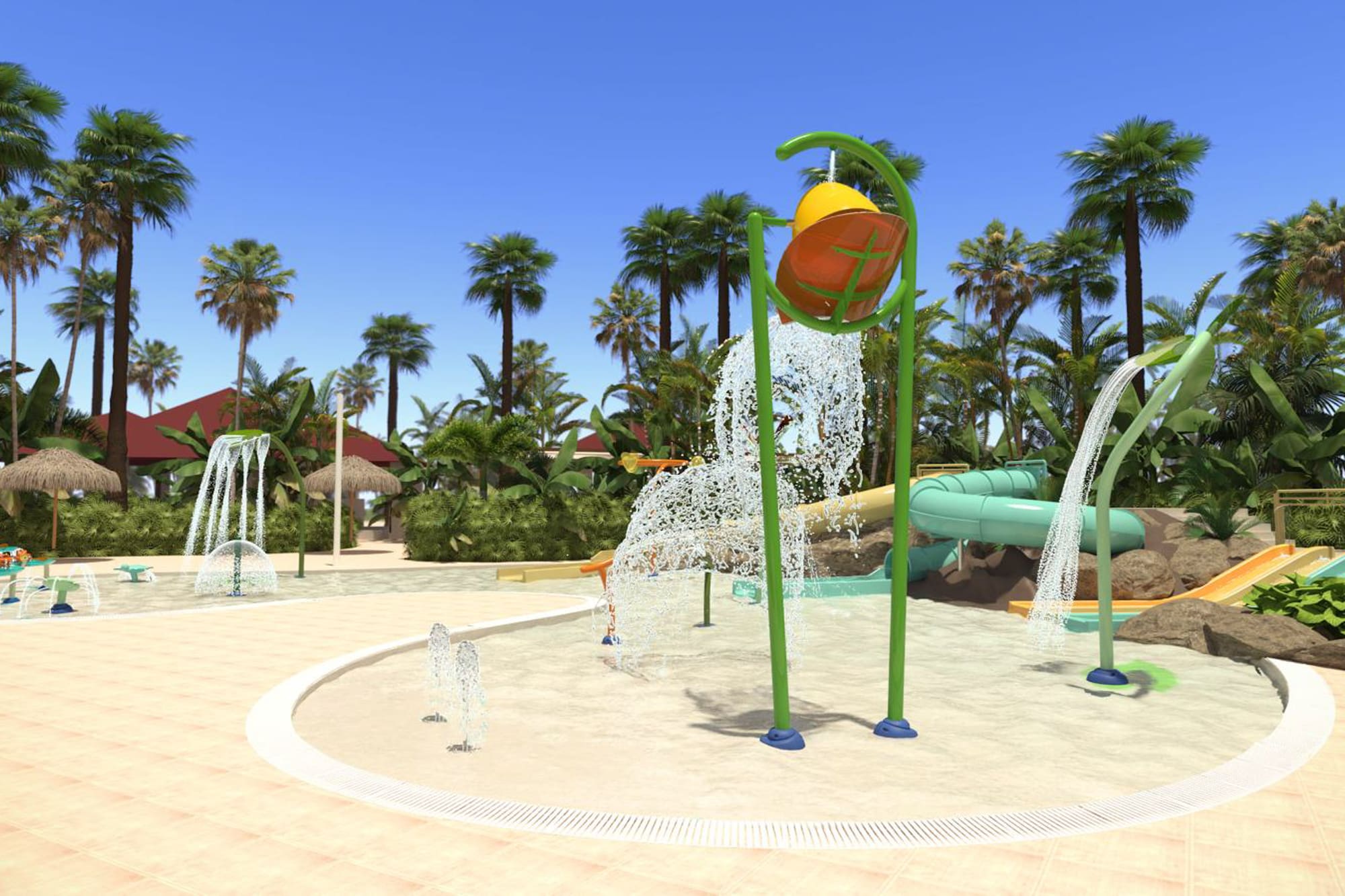 water park with water slides and trees
