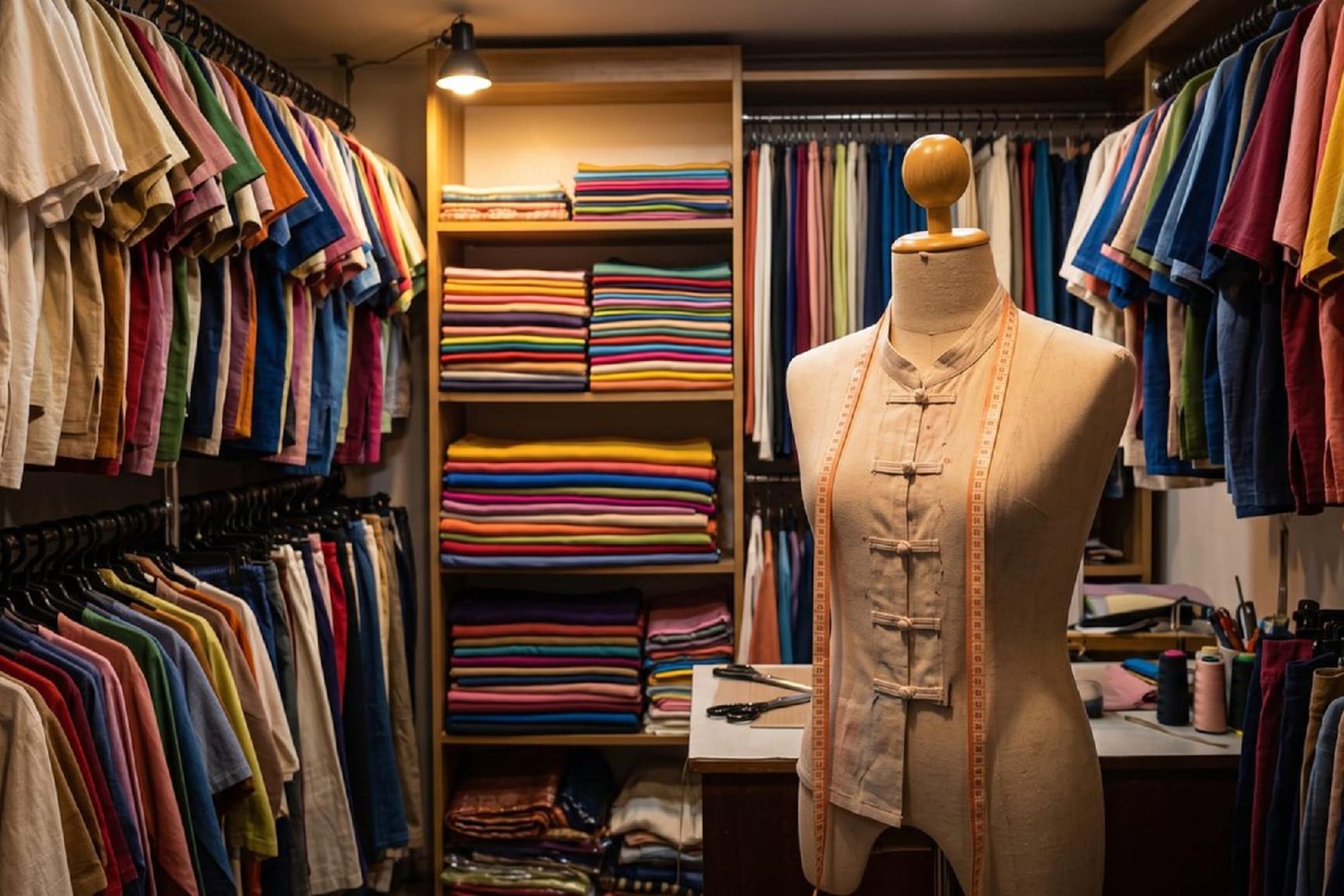 Traditional tailor shop, colorful shirts, fabrics, and mannequin.