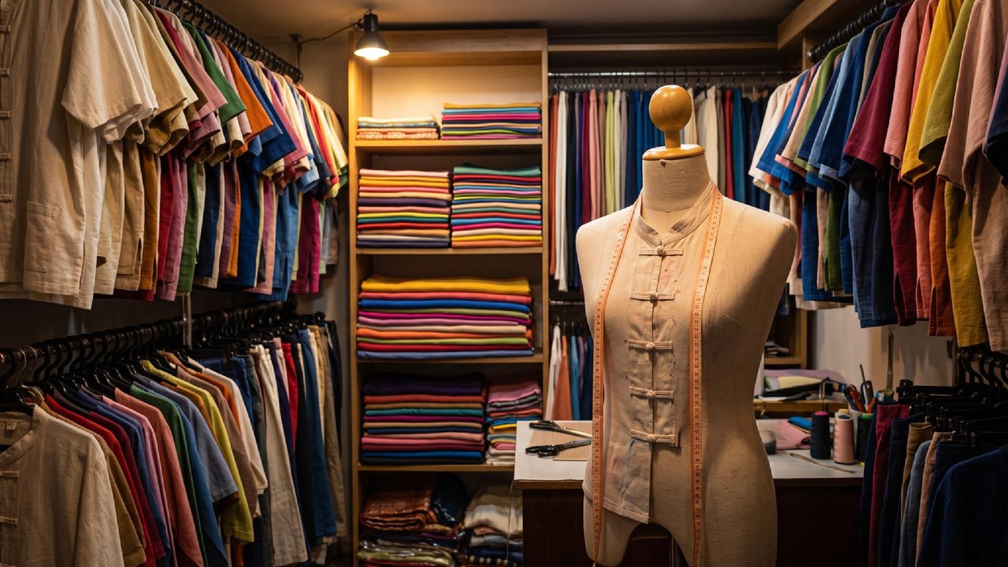 Traditional tailor shop, colorful shirts, fabrics, and mannequin.