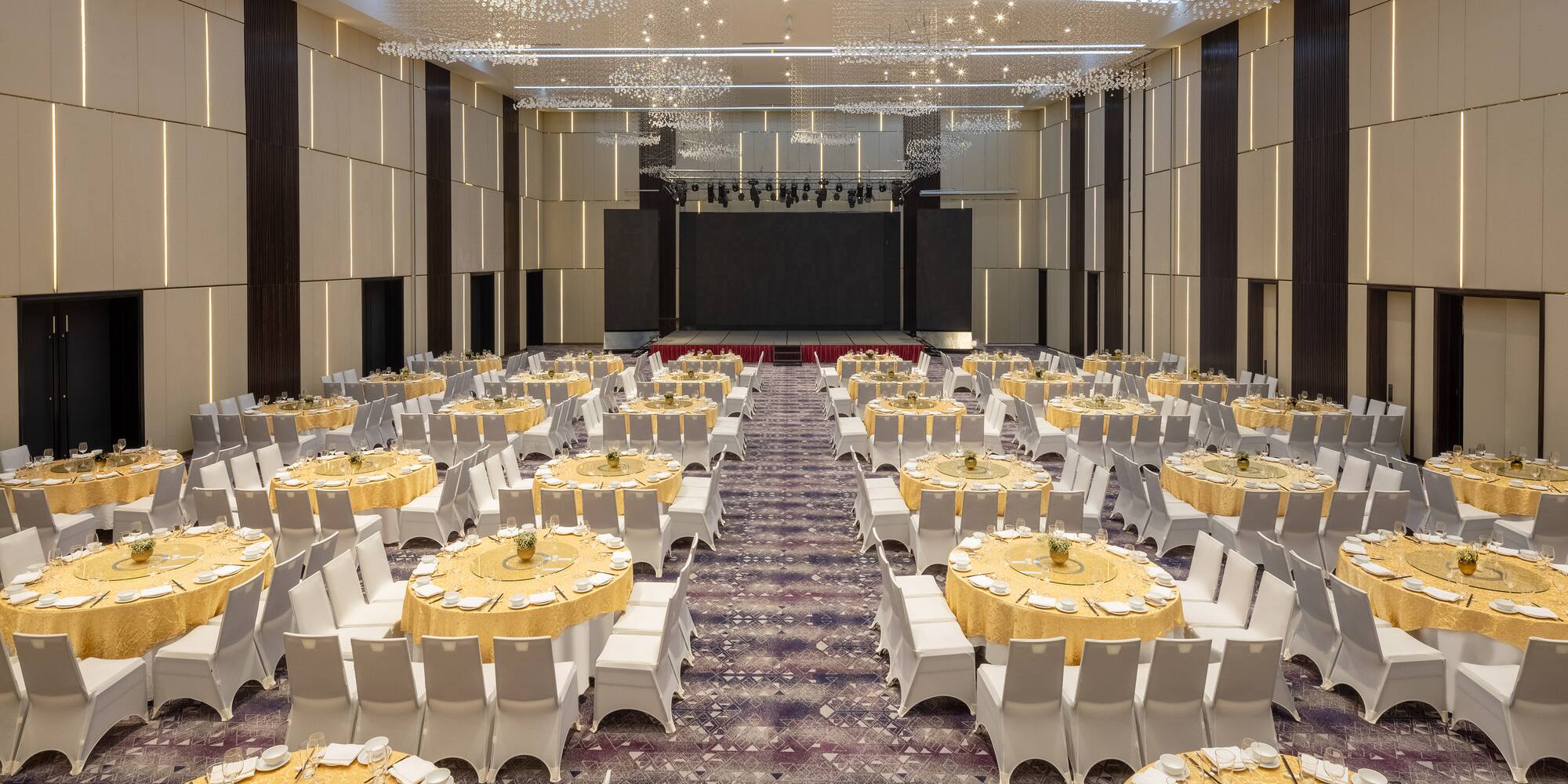 a large room with tables and chairs