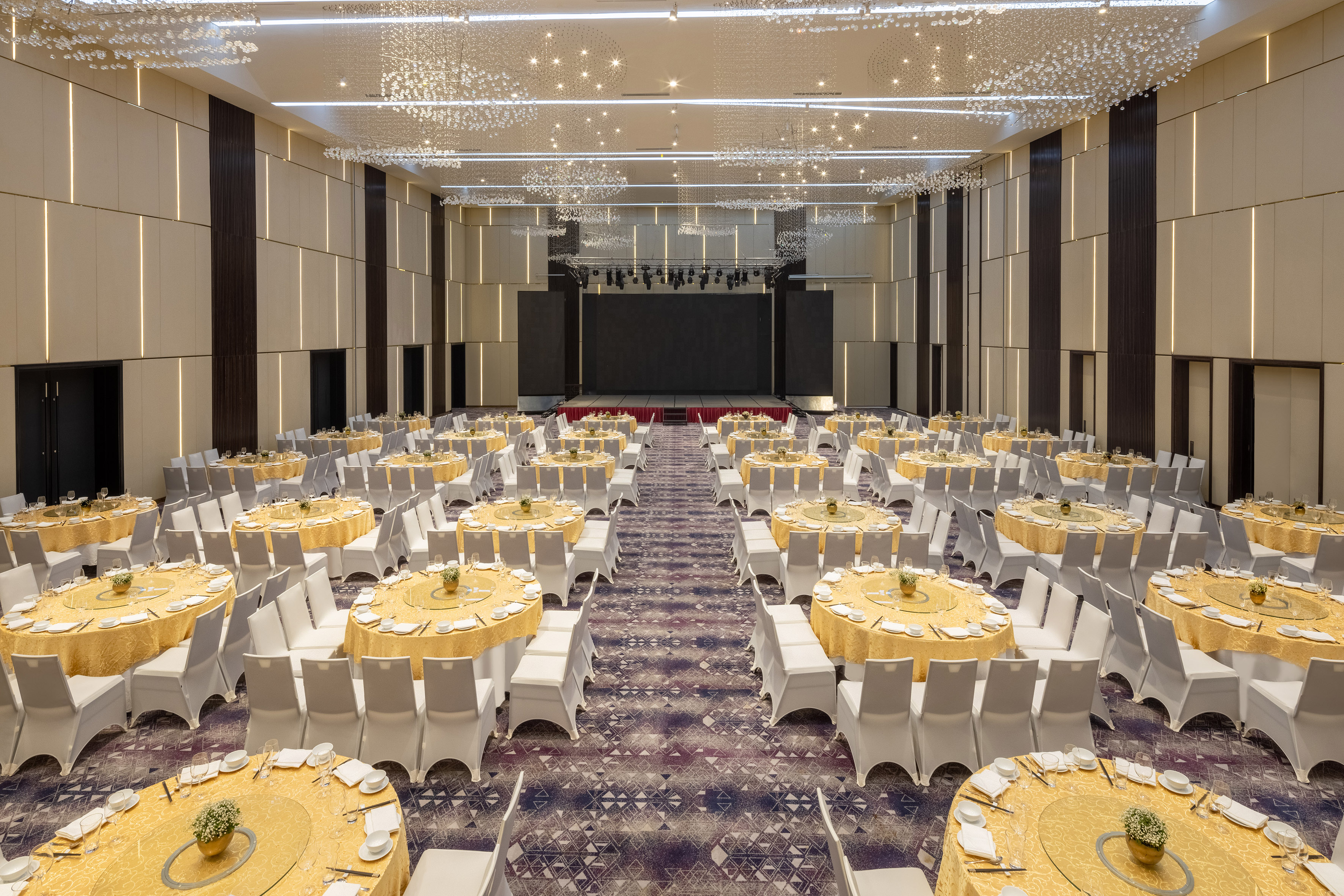 a large room with tables and chairs