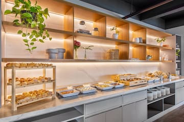 a buffet with food on shelves