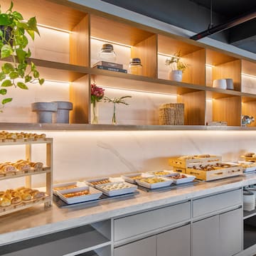 a buffet with food on shelves