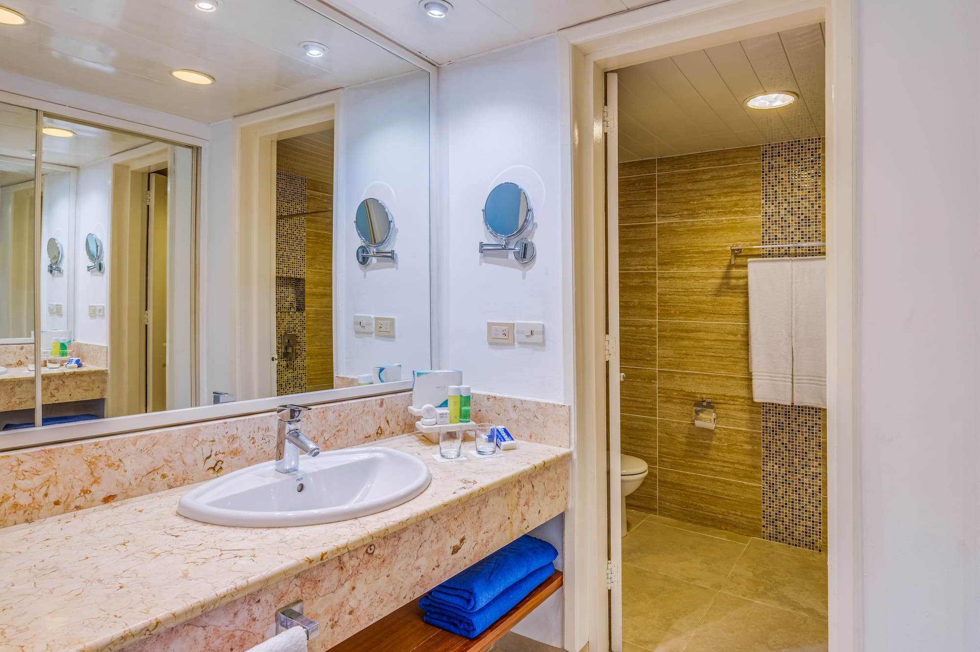 a bathroom with a marble countertop and a shower