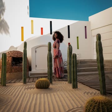 a woman standing in a desert garden