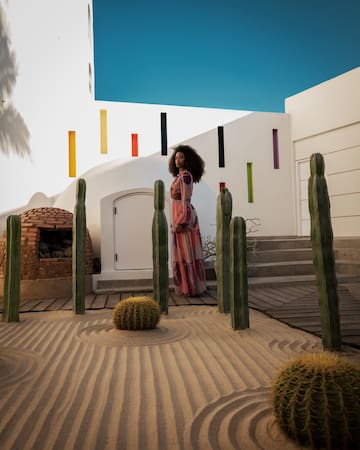 a woman standing in a desert garden