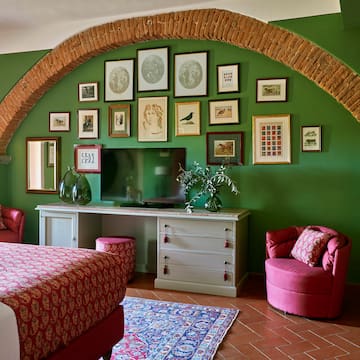 a room with a bed and a television