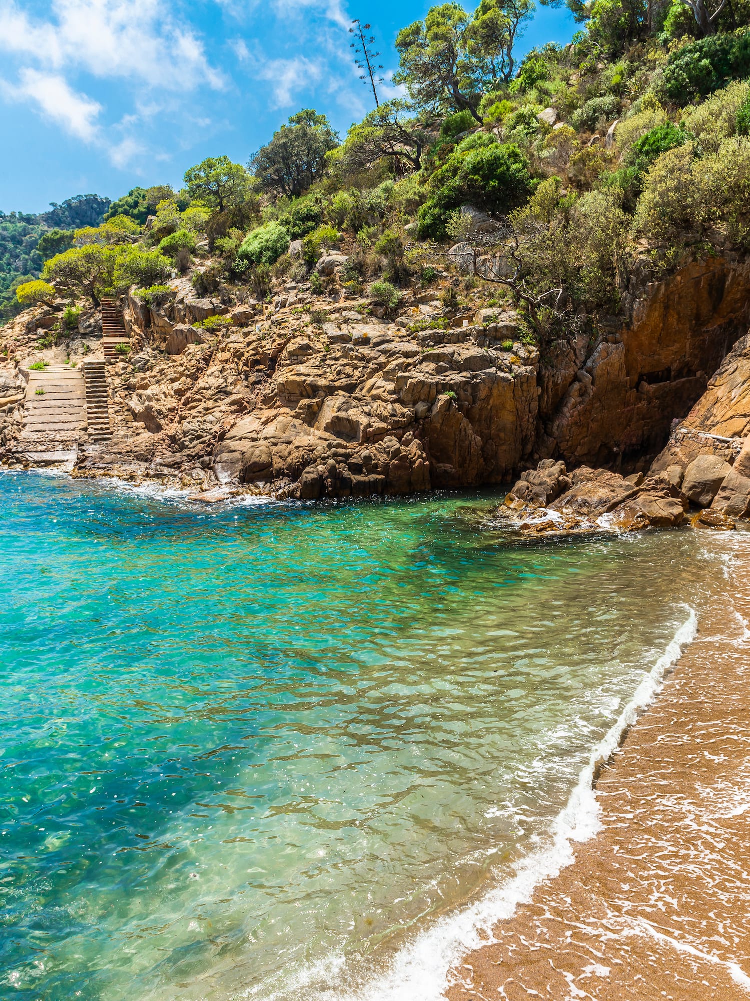 a beach with a rocky cliff and trees