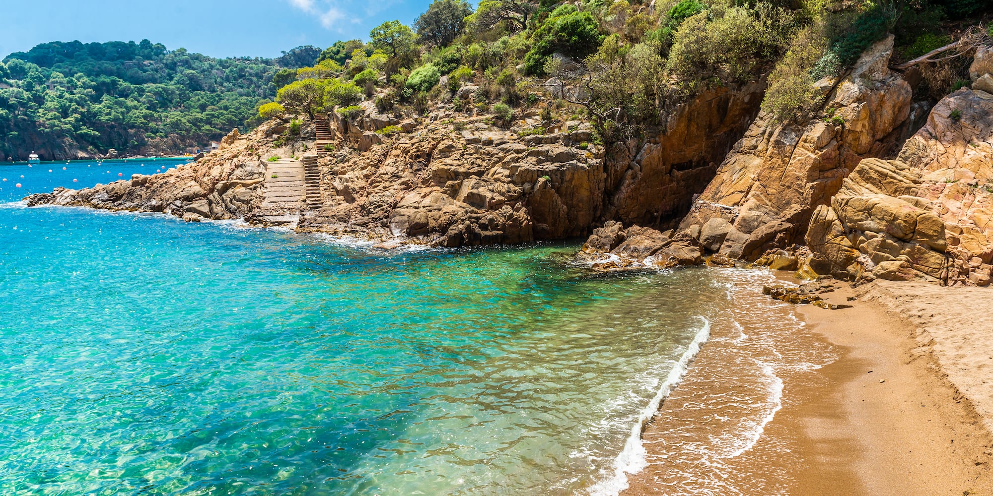 a beach with a rocky cliff and trees