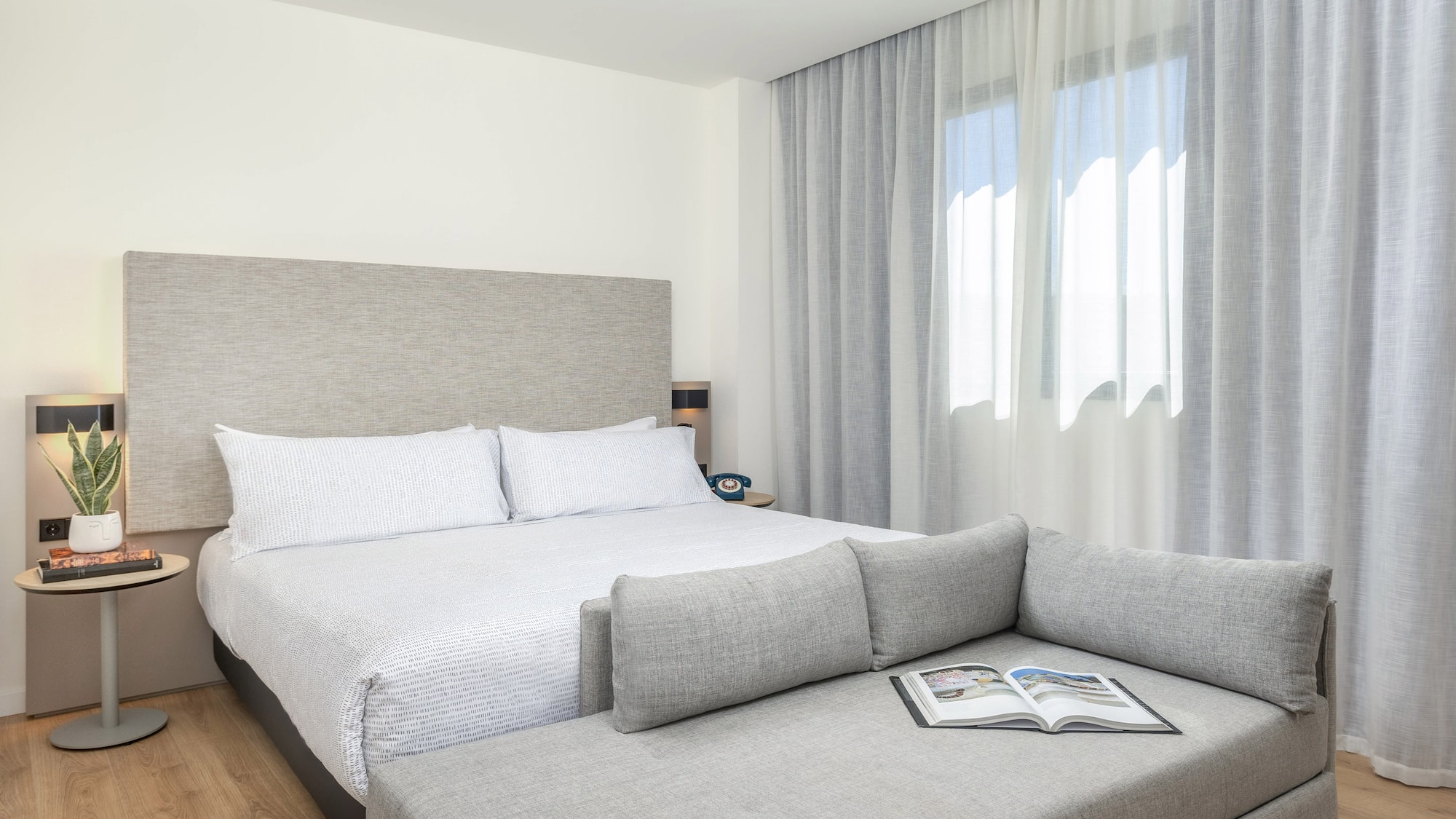 a bed and a couch in a room