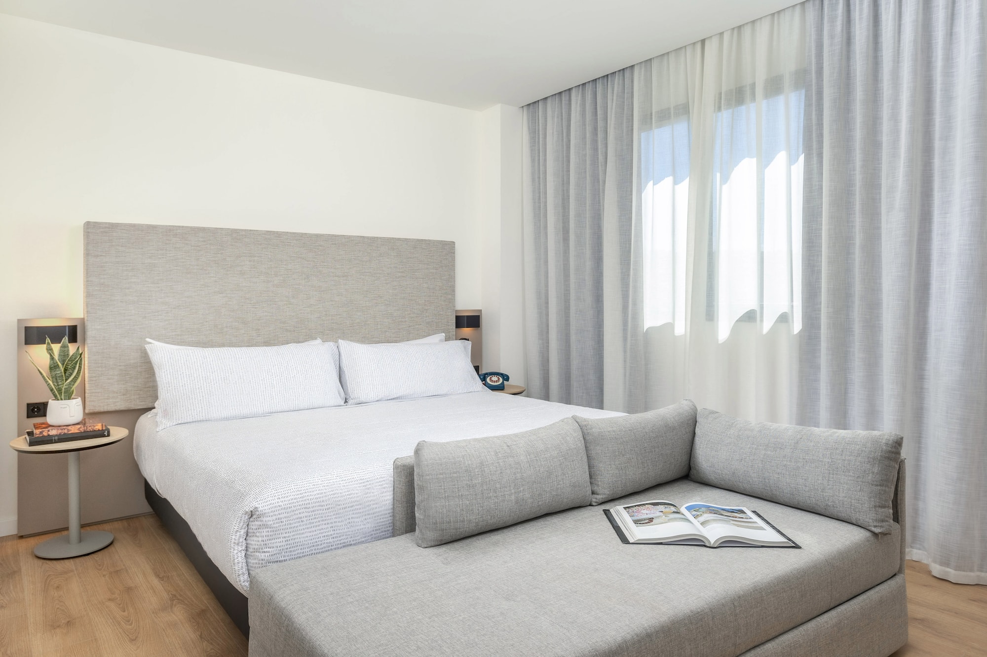 a bed and a couch in a room