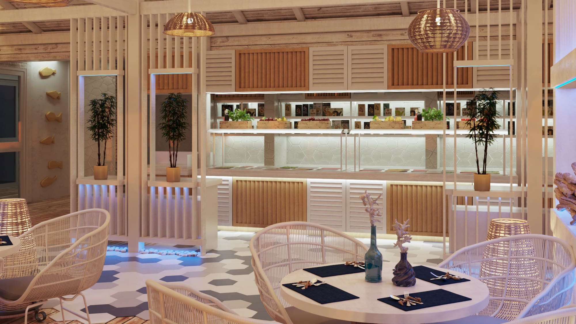 a room with a table and chairs