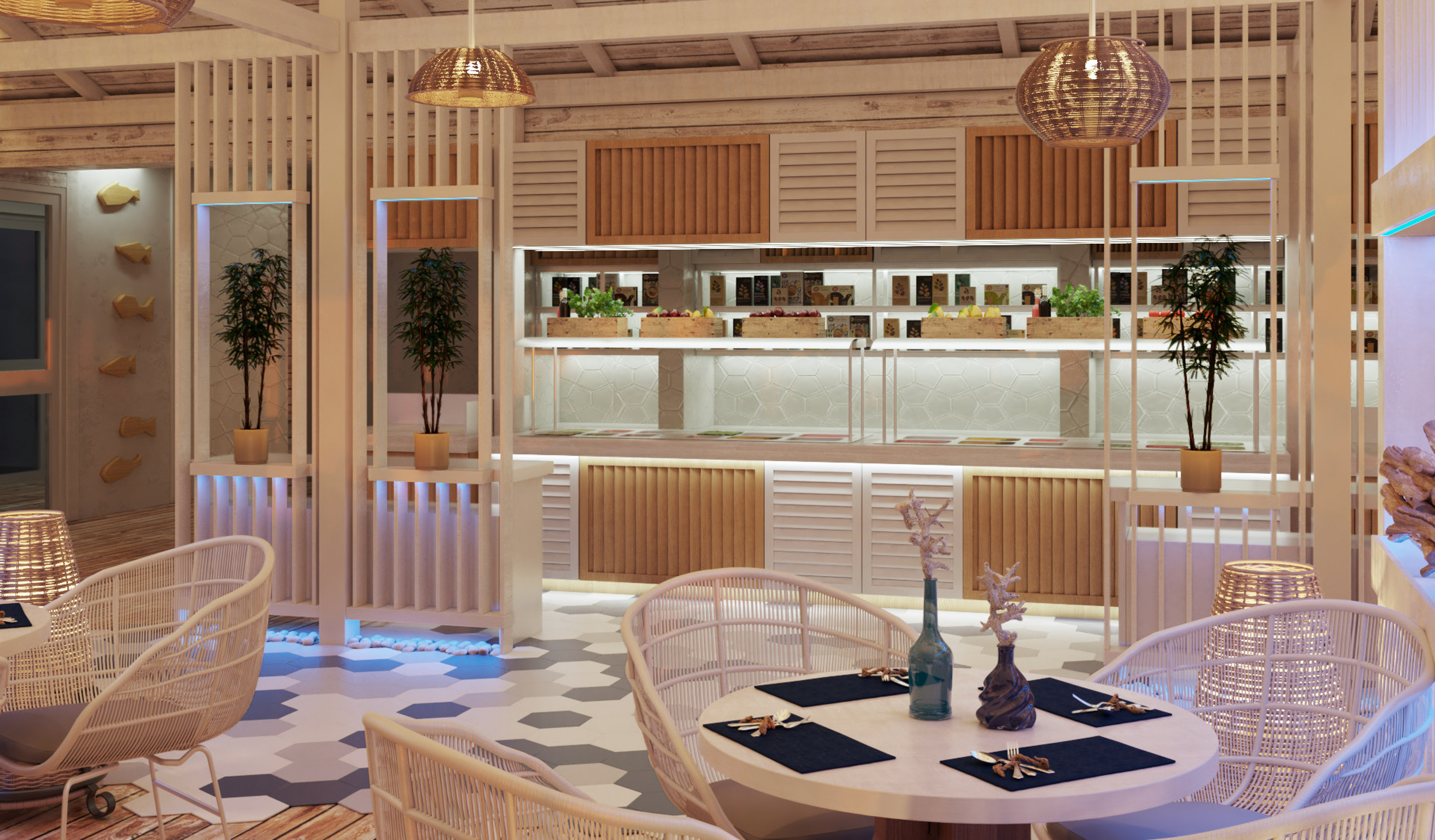 a room with a table and chairs