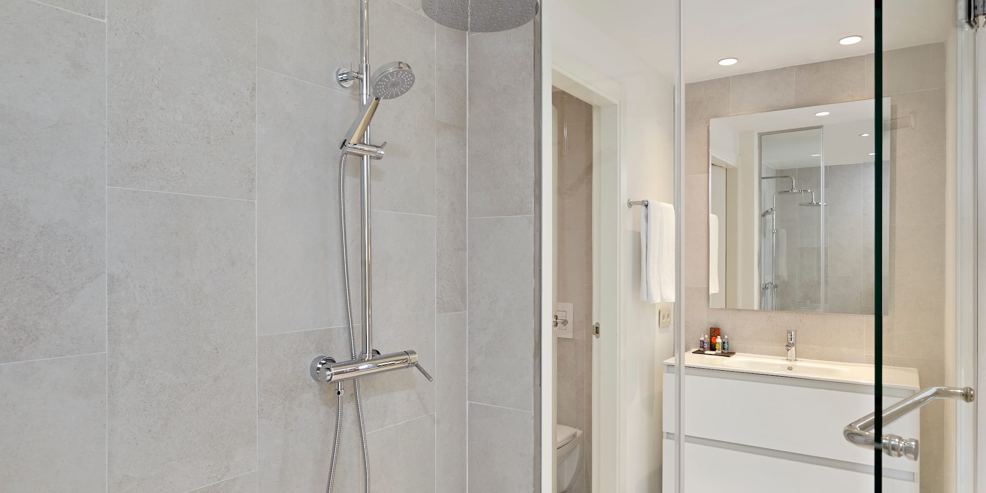 a shower head in a bathroom