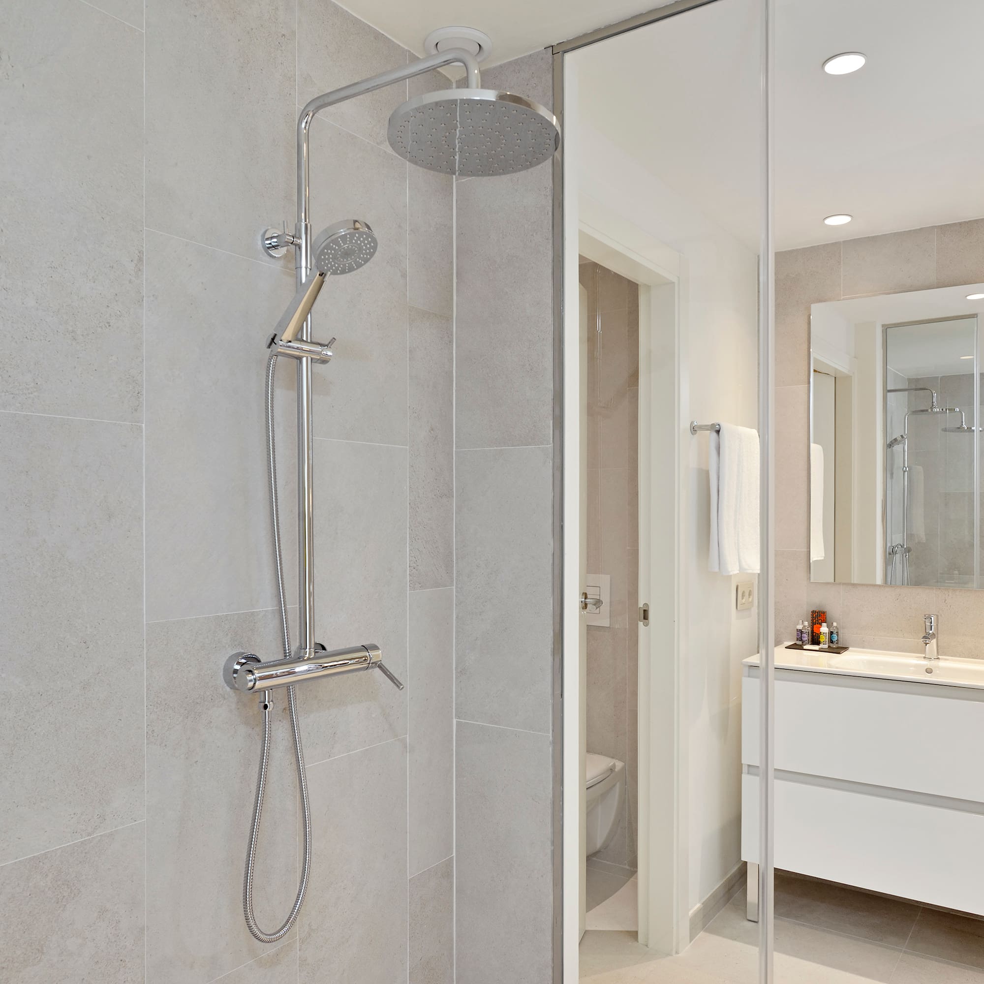a shower head in a bathroom