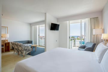 a room with a bed and a television