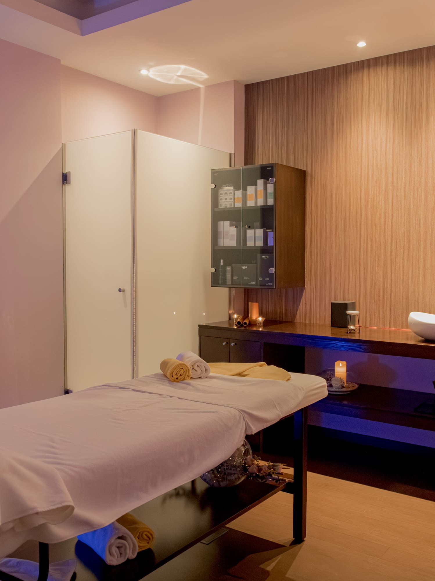 a massage table in a room