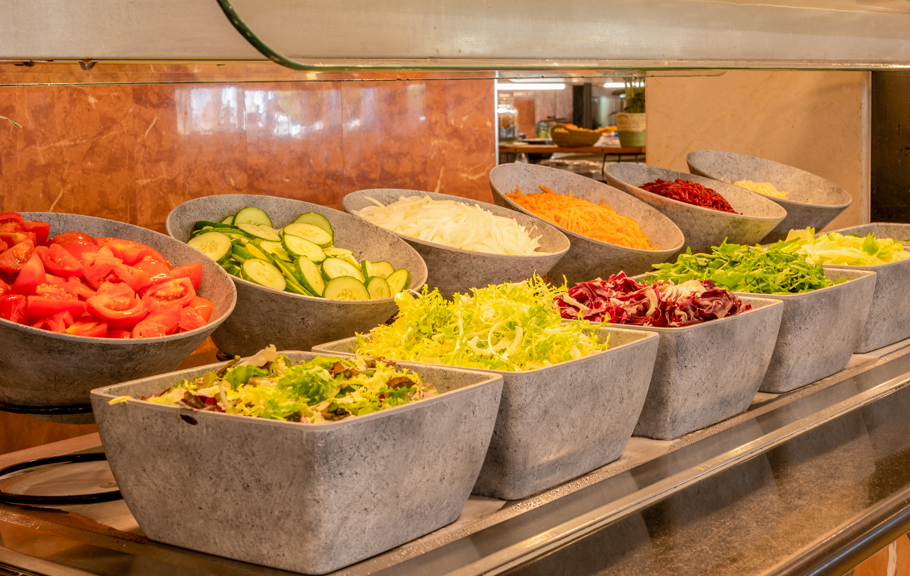 Salad bar with fresh tomatoes, cucumbers, shredded carrots, lettuce, and onions.