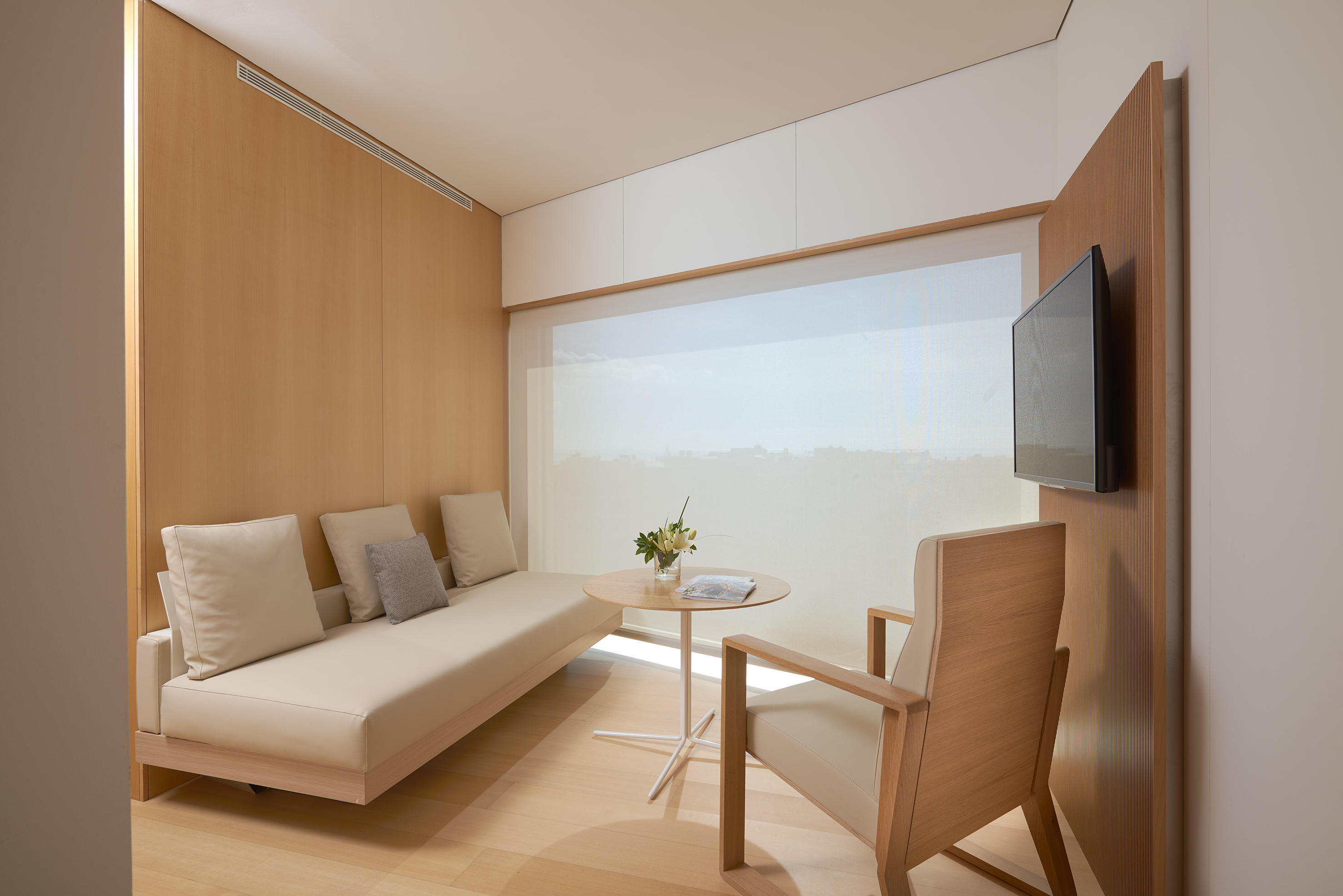 Modern minimalist room with wood walls, light daybed, armchair, TV, and window.