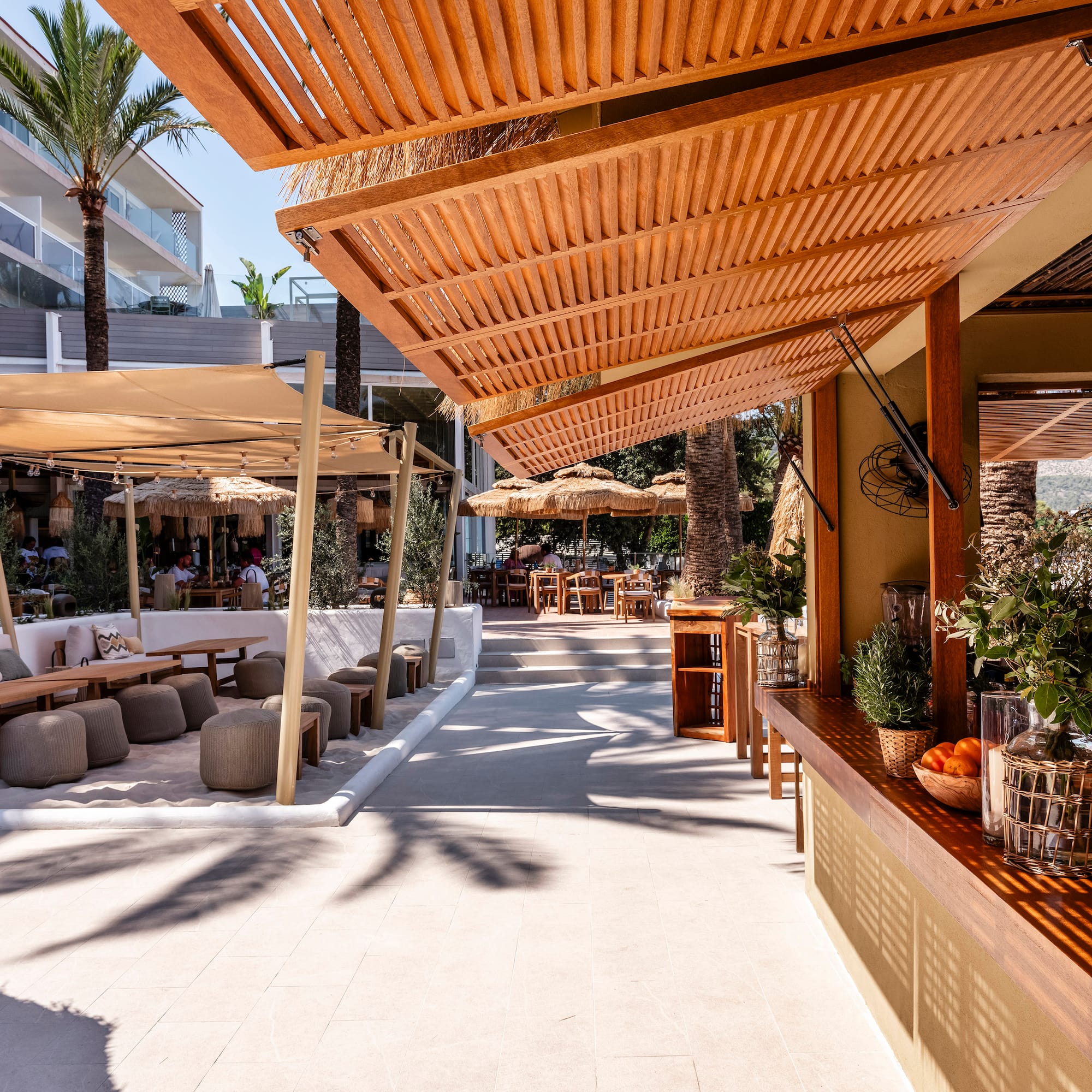 a restaurant with a large area of seating