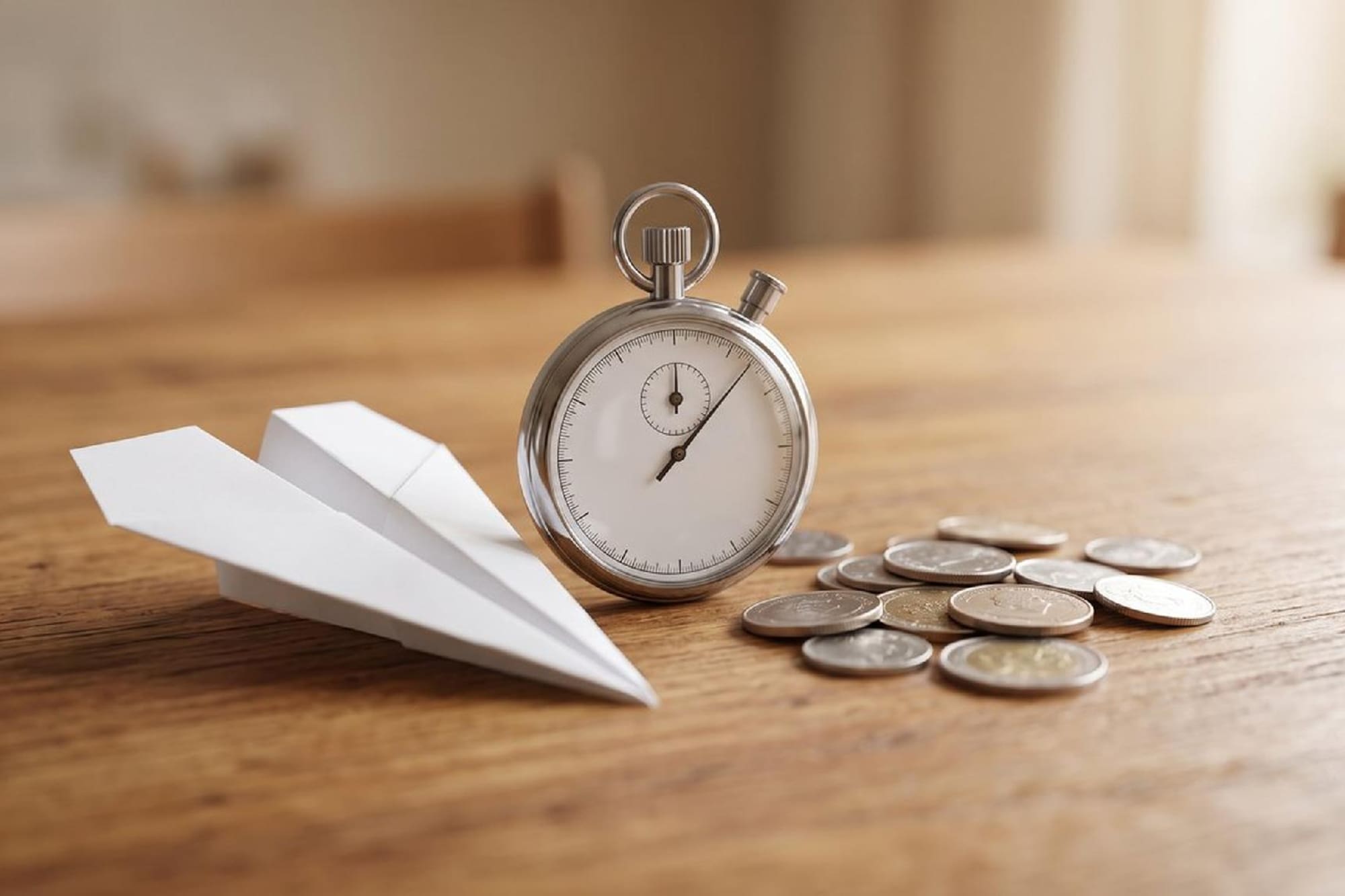 Paper airplane, stopwatch, and coins on wood table: time is money.