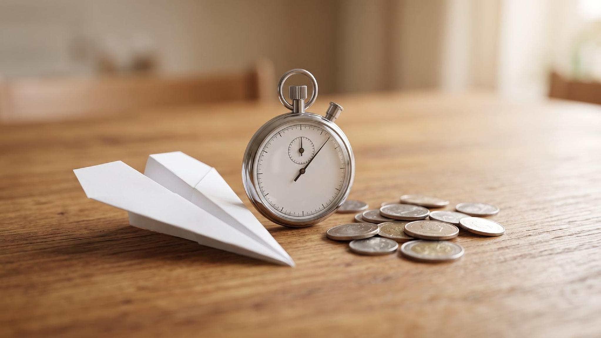 Paper airplane, stopwatch, and coins on wood table: time is money.
