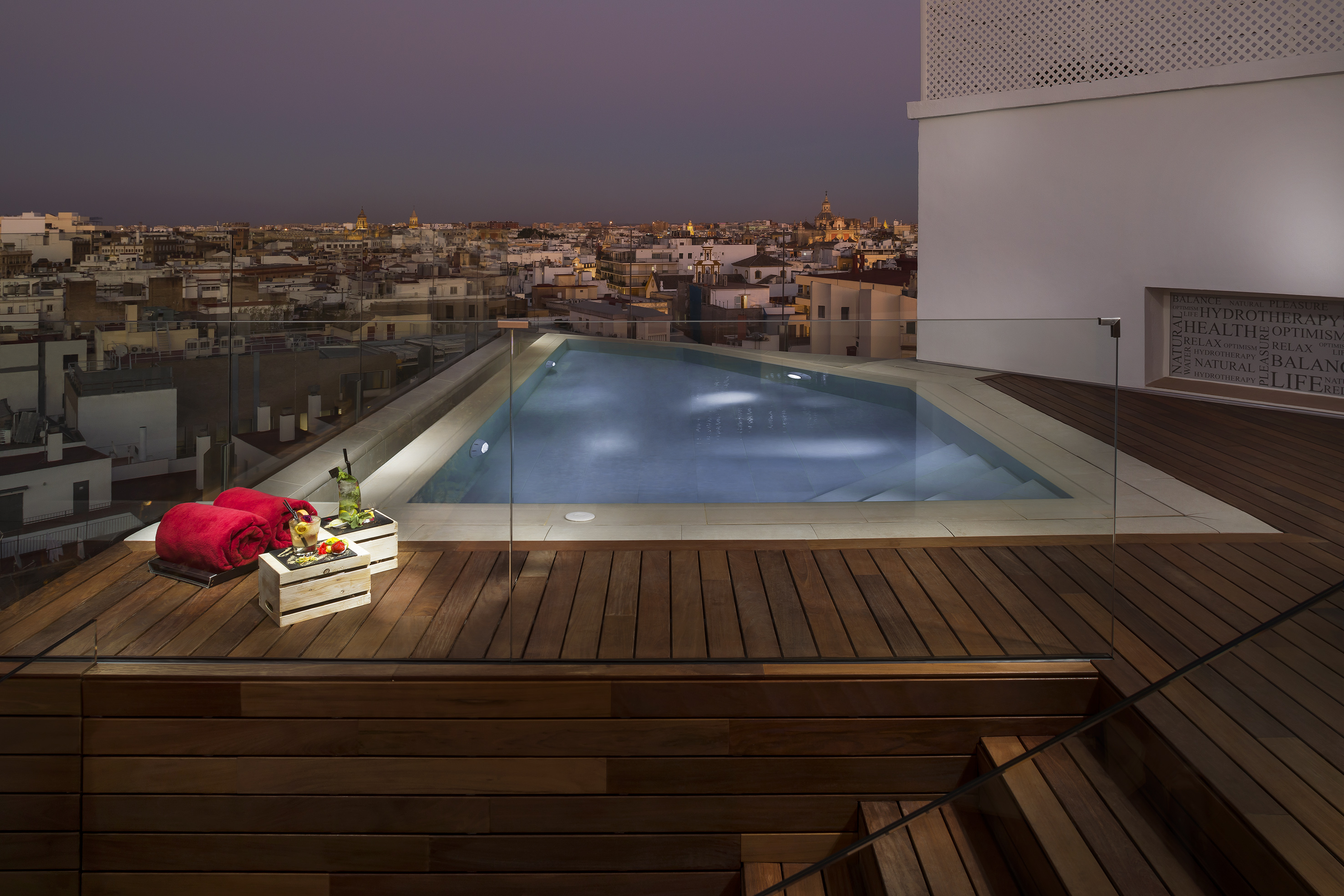 a pool with a view of a city