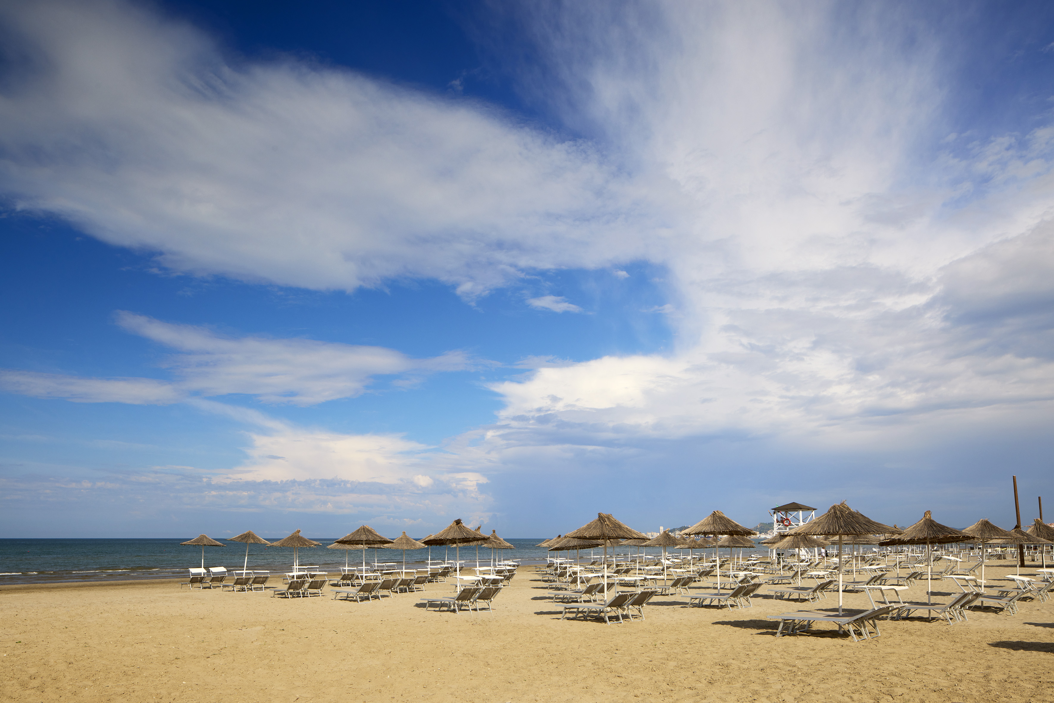 Beach with straw umbrellas, sunbeds, ocean, and cloudy sky.