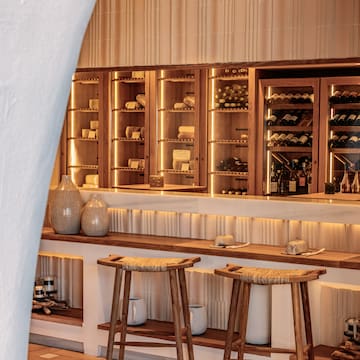 a bar with shelves and stools