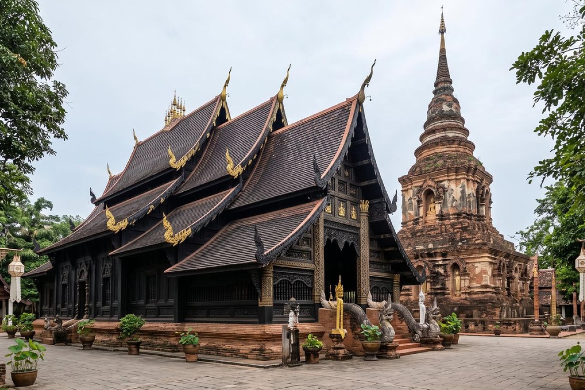 Lanna Buddhist temple and ancient brick chedi, Thailand.