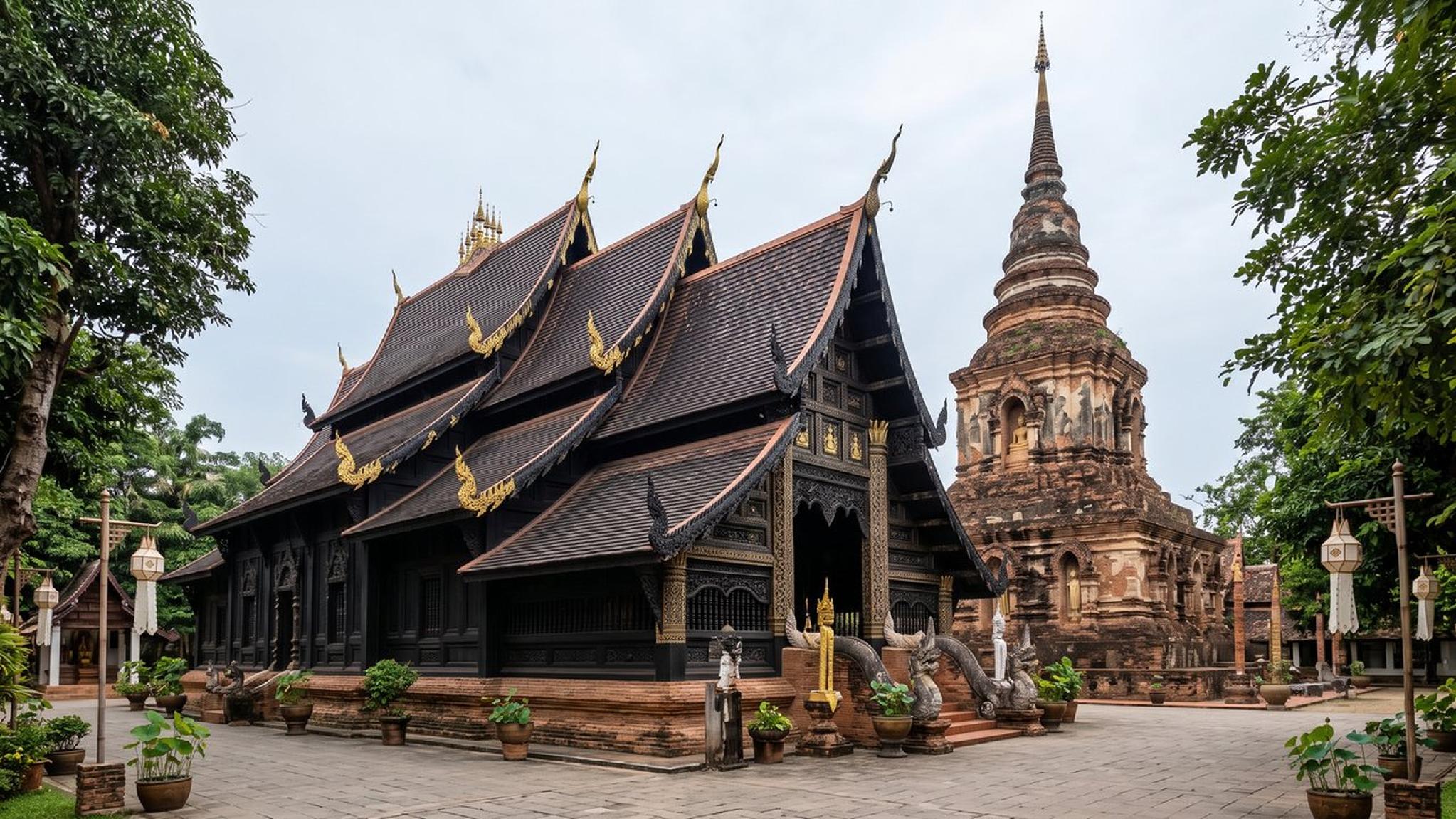 Lanna Buddhist temple and ancient brick chedi, Thailand.