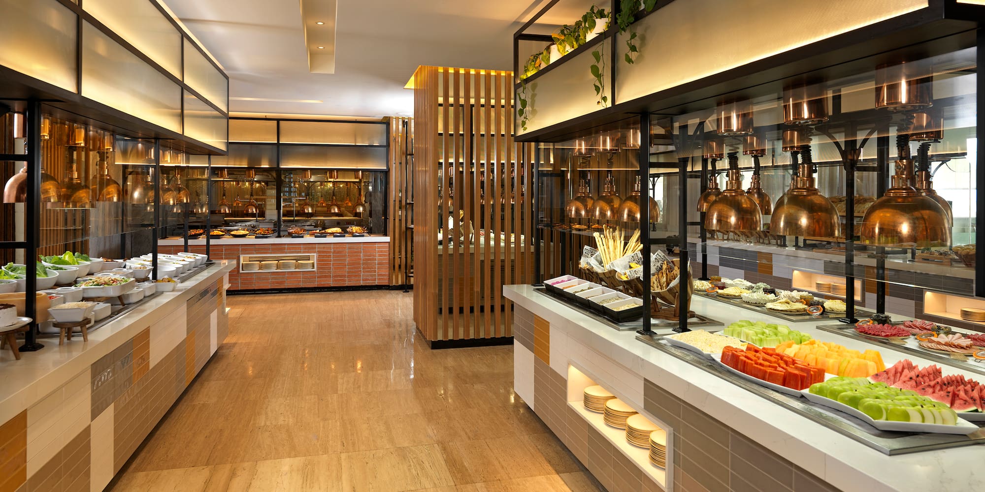 a buffet with food on display